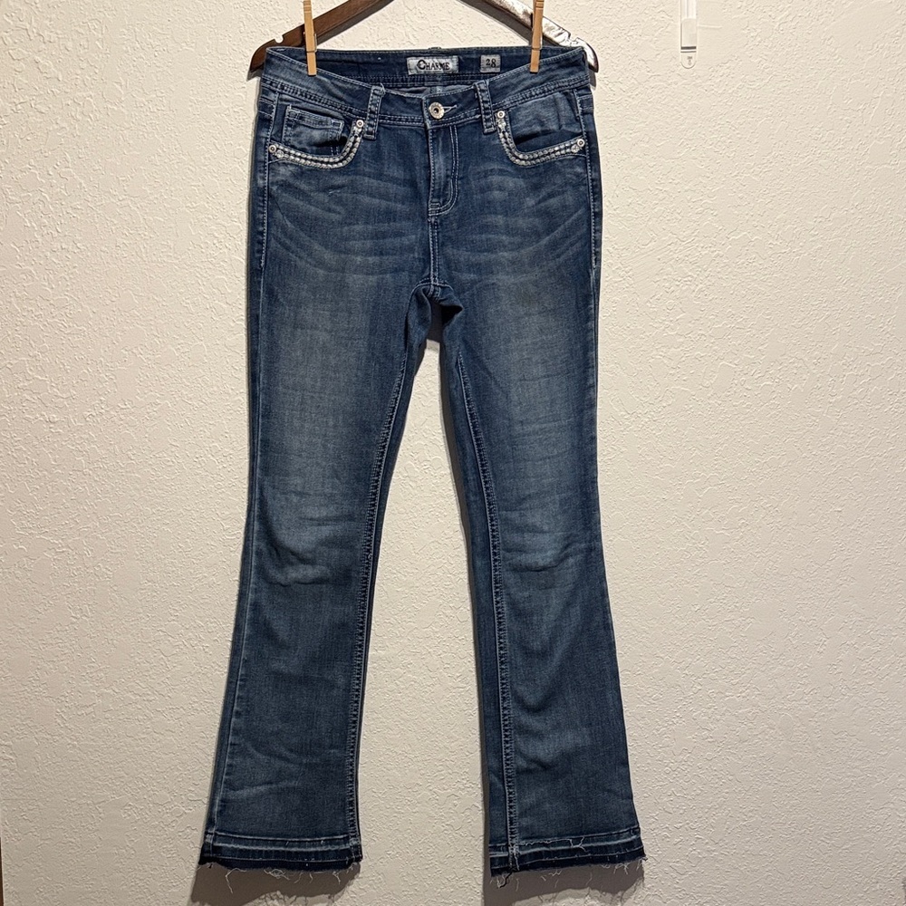 Charme Indigo Boot Cut Jeans Two Tone Raw Hem Distressed Embroidered Pockets 28